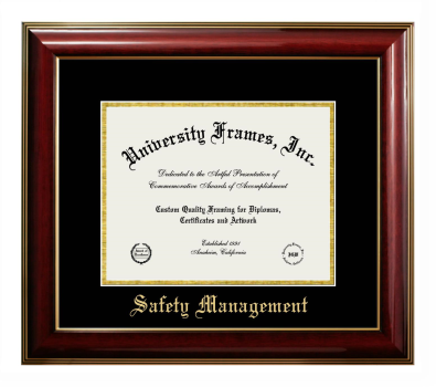Safety Management Diploma Frame in Classic Mahogany with Gold Trim with Black & Gold Mats for document: 8 1/2"h x 11"w  