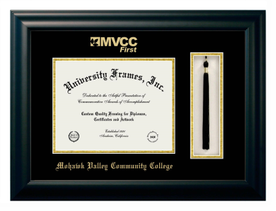Mohawk Valley Community College Diploma with Tassel Box Frame in Satin Black with Black & Gold Mats for document: 8 1/2"h x 11"w  