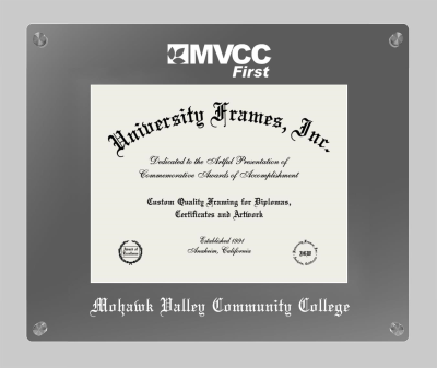Mohawk Valley Community College Lucent Clear-over-Smoke Frame in Lucent Smoke Moulding with Lucent Smoke Mat for document: 8 1/2"h x 11"w  