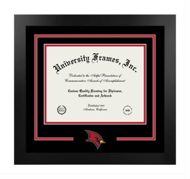 Saginaw Valley State University Logo Mat Frame in Manhattan Black with Black & Red Mats for document: 8 1/2"h x 11"w  