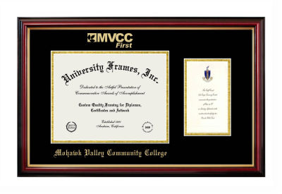 Mohawk Valley Community College Diploma with Announcement Frame in Petite Mahogany with Gold Trim with Black & Gold Mats for document: 8 1/2"h x 11"w  , diploma: 7"h x 4"w  