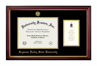 Saginaw Valley State University Diploma with Announcement Frame in Petite Mahogany with Gold Trim with Black & Gold Mats for document: 8 1/2"h x 11"w  , diploma: 7"h x 4"w  