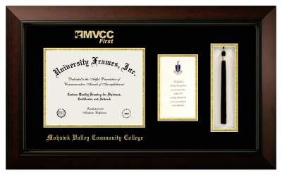 Mohawk Valley Community College Diploma with Announcement & Tassel Box Frame in Legacy Black Cherry with Black & Gold Mats for document: 8 1/2"h x 11"w  , diploma: 7"h x 4"w  