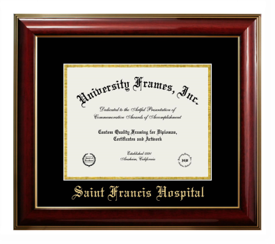 Saint Francis Hospital Diploma Frame in Classic Mahogany with Gold Trim with Black & Gold Mats for document: 8 1/2"h x 11"w  
