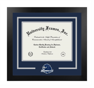 Monmouth University Logo Mat Frame in Manhattan Black with Navy Blue & Gray Mats for document: 8 1/2"h x 11"w  