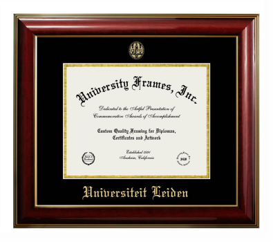 Universiteit Leiden Diploma Frame in Classic Mahogany with Gold Trim with Black & Gold Mats for document: 8 1/2"h x 11"w  