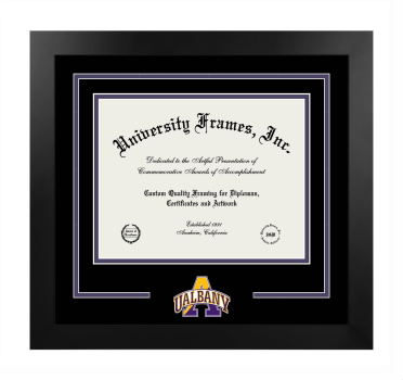 University at Albany State University of New York Logo Mat Frame in Manhattan Black with Black & Purple Mats for document: 8 1/2"h x 11"w  