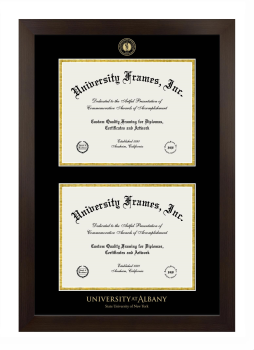 University at Albany State University of New York Double Diploma Frame in Manhattan Espresso with Black & Gold Mats for document: 8 1/2"h x 11"w  , document: 8 1/2"h x 11"w  