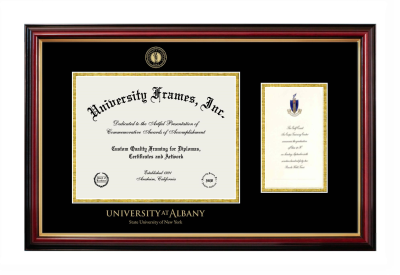 University at Albany State University of New York Diploma with Announcement Frame in Petite Mahogany with Gold Trim with Black & Gold Mats for document: 8 1/2"h x 11"w  , diploma: 7"h x 4"w  