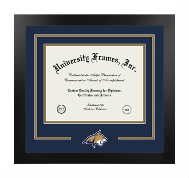 Montana State University Logo Mat Frame in Manhattan Black with Navy Blue & Bronze Mats for document: 8 1/2"h x 11"w  