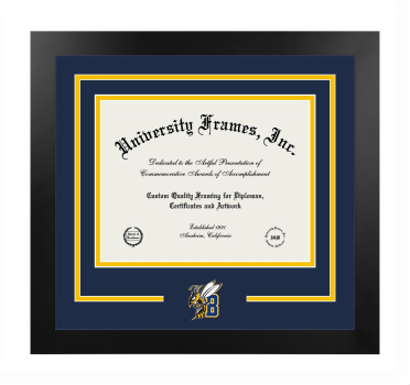 Montana State University - Billings Logo Mat Frame in Manhattan Black with Navy Blue & Amber Mats for document: 8 1/2"h x 11"w  