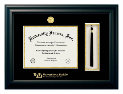 University at Buffalo The State University of New York Diploma with Tassel Box Frame in Satin Black with Black & Gold Mats for document: 8 1/2"h x 11"w  