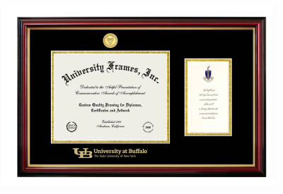 University at Buffalo The State University of New York Diploma with Announcement Frame in Petite Mahogany with Gold Trim with Black & Gold Mats for document: 8 1/2"h x 11"w  , diploma: 7"h x 4"w  
