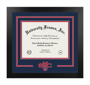 Saint Mary's College of California Logo Mat Frame in Manhattan Black with Navy Blue & Red Mats for document: 8 1/2"h x 11"w  