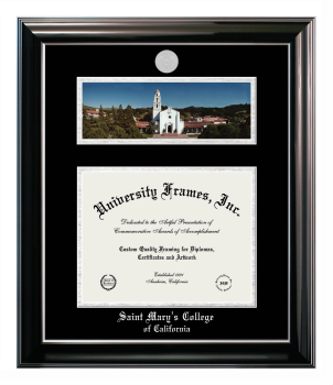 Saint Mary's College of California Double Opening with Campus Image (Stacked) Frame in Classic Ebony with Silver Trim with Black & Silver Mats for document: 8 1/2"h x 11"w  