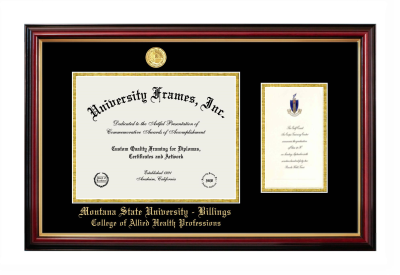 Montana State University - Billings College of Allied Health Professions Diploma with Announcement Frame in Petite Mahogany with Gold Trim with Black & Gold Mats for document: 8 1/2"h x 11"w  , diploma: 7"h x 4"w  