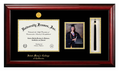 Saint Mary's College of California Diploma with 5 x 7 Portrait & Tassel Box Frame in Classic Mahogany with Black & Gold Mats for document: 8 1/2"h x 11"w  