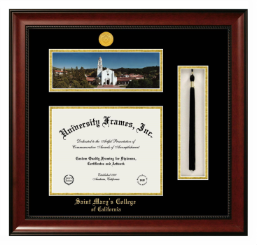 Saint Mary's College of California Double Opening with Campus Image & Tassel Box (Stacked) Frame in Avalon Mahogany with Black & Gold Mats for document: 8 1/2"h x 11"w  