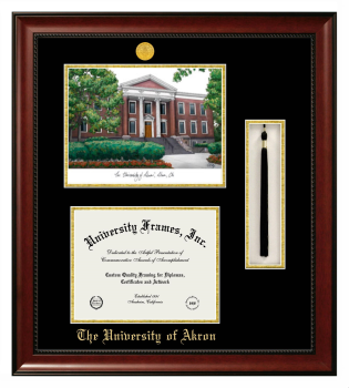 University of Akron Double Opening with Campus Image & Tassel Box (Stacked) Frame in Avalon Mahogany with Black & Gold Mats for document: 8 1/2"h x 11"w  