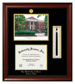 University of Akron School of Law Double Opening with Campus Image & Tassel Box (Stacked) Frame in Avalon Mahogany with Black & Gold Mats for document: 8 1/2"h x 11"w  