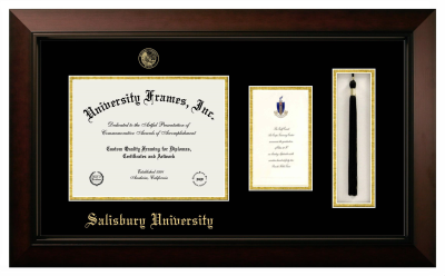Salisbury University Diploma with Announcement & Tassel Box Frame in Legacy Black Cherry with Black & Gold Mats for document: 8 1/2"h x 11"w  , diploma: 7"h x 4"w  