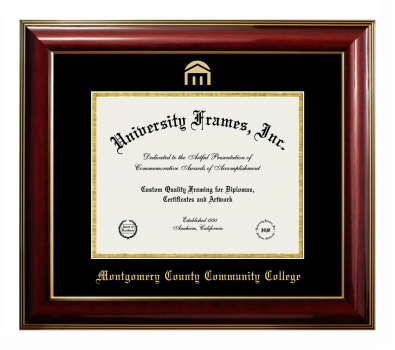 Montgomery County Community College Diploma Frame in Classic Mahogany with Gold Trim with Black & Gold Mats for document: 8 1/2"h x 11"w  