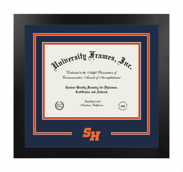 Sam Houston State University Logo Mat Frame in Manhattan Black with Navy Blue & Orange Mats for document: 8 1/2"h x 11"w  