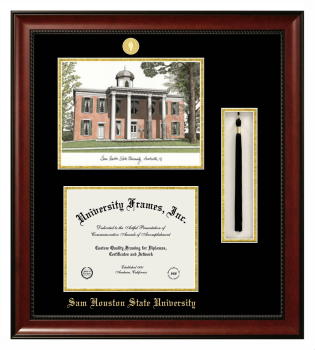 Sam Houston State University Double Opening with Campus Image & Tassel Box (Stacked) Frame in Avalon Mahogany with Black & Gold Mats for document: 8 1/2"h x 11"w  