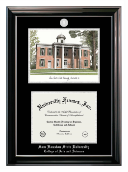 Sam Houston State University College of Arts and Sciences Double Opening with Campus Image (Stacked) Frame in Classic Ebony with Silver Trim with Black & Silver Mats for document: 8 1/2"h x 11"w  