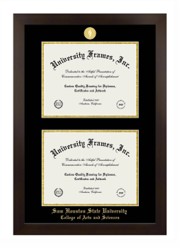 Sam Houston State University College of Arts and Sciences Double Diploma Frame in Manhattan Espresso with Black & Gold Mats for document: 8 1/2"h x 11"w  , document: 8 1/2"h x 11"w  