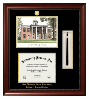 Sam Houston State University College of Criminal Justice Double Opening with Campus Image & Tassel Box (Stacked) Frame in Avalon Mahogany with Black & Gold Mats for document: 8 1/2"h x 11"w  