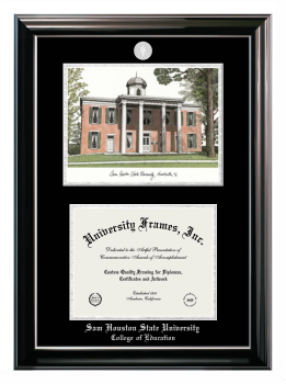 Sam Houston State University College of Education Double Opening with Campus Image (Stacked) Frame in Classic Ebony with Silver Trim with Black & Silver Mats for document: 8 1/2"h x 11"w  