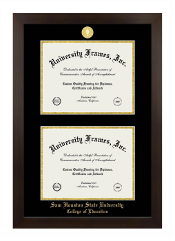 Sam Houston State University College of Education Double Diploma Frame in Manhattan Espresso with Black & Gold Mats for document: 8 1/2"h x 11"w  , document: 8 1/2"h x 11"w  