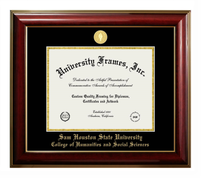 Sam Houston State University College of Humanities and Social Sciences Diploma Frame in Classic Mahogany with Gold Trim with Black & Gold Mats for document: 8 1/2"h x 11"w  