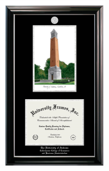 University of Alabama (Tuscaloosa) Culverhouse College of Commerce and Business Administration Double Opening with Campus Image (Stacked) Frame in Classic Ebony with Silver Trim with Black & Silver Mats for document: 8 1/2"h x 11"w  