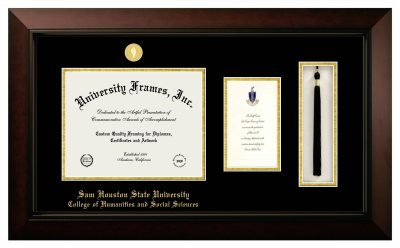 Sam Houston State University College of Humanities and Social Sciences Diploma with Announcement & Tassel Box Frame in Legacy Black Cherry with Black & Gold Mats for document: 8 1/2"h x 11"w  , diploma: 7"h x 4"w  
