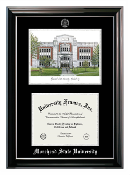 Morehead State University Double Opening with Campus Image (Stacked) Frame in Classic Ebony with Silver Trim with Black & Silver Mats for document: 8 1/2"h x 11"w  