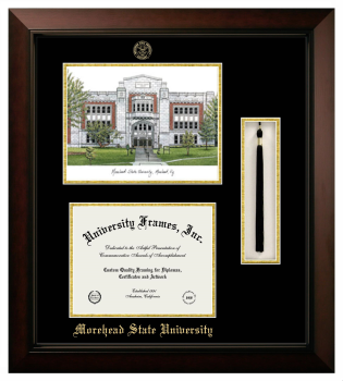 Morehead State University Double Opening with Campus Image & Tassel Box (Stacked) Frame in Legacy Black Cherry with Black & Gold Mats for document: 8 1/2"h x 11"w  