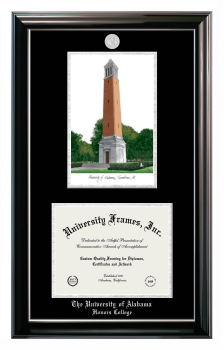 University of Alabama (Tuscaloosa) Honors College Double Opening with Campus Image (Stacked) Frame in Classic Ebony with Silver Trim with Black & Silver Mats for document: 8 1/2"h x 11"w  