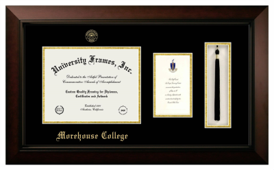 Morehouse College Diploma with Announcement & Tassel Box Frame in Legacy Black Cherry with Black & Gold Mats for document: 8 1/2"h x 11"w  , diploma: 7"h x 4"w  