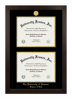 University of Alabama (Tuscaloosa) School of Law Double Diploma Frame in Manhattan Espresso with Black & Gold Mats for document: 8 1/2"h x 11"w  , document: 8 1/2"h x 11"w  