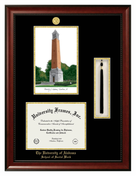 University of Alabama (Tuscaloosa) School of Social Work Double Opening with Campus Image & Tassel Box (Stacked) Frame in Avalon Mahogany with Black & Gold Mats for document: 8 1/2"h x 11"w  