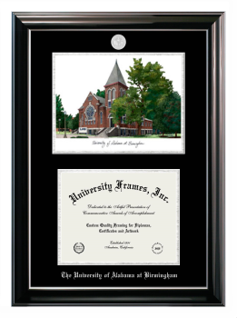 University of Alabama at Birmingham Double Opening with Campus Image (Stacked) Frame in Classic Ebony with Silver Trim with Black & Silver Mats for document: 8 1/2"h x 11"w  