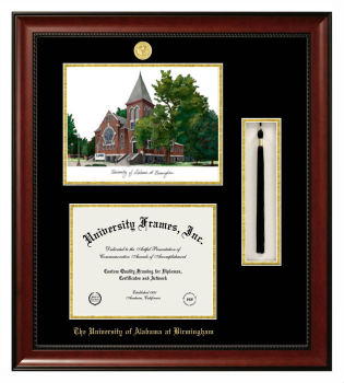 University of Alabama at Birmingham Double Opening with Campus Image & Tassel Box (Stacked) Frame in Avalon Mahogany with Black & Gold Mats for document: 8 1/2"h x 11"w  