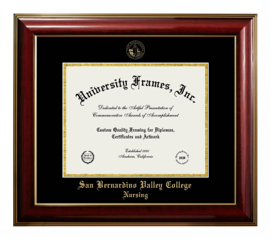 San Bernardino Valley College Nursing Diploma Frame in Classic Mahogany with Gold Trim with Black & Gold Mats for document: 8 1/2"h x 11"w  