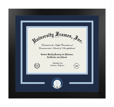 San Diego Christian College Logo Mat Frame in Manhattan Black with Navy Blue & Light Blue Mats for document: 8 1/2"h x 11"w  