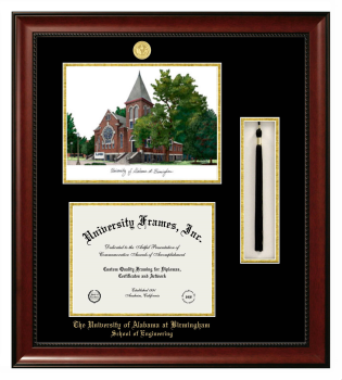 University of Alabama at Birmingham School of Engineering Double Opening with Campus Image & Tassel Box (Stacked) Frame in Avalon Mahogany with Black & Gold Mats for document: 8 1/2"h x 11"w  