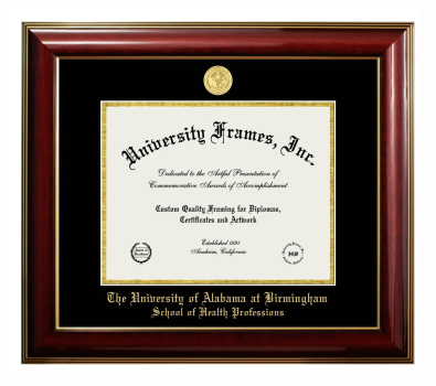 University of Alabama at Birmingham School of Health Professions Diploma Frame in Classic Mahogany with Gold Trim with Black & Gold Mats for document: 8 1/2"h x 11"w  