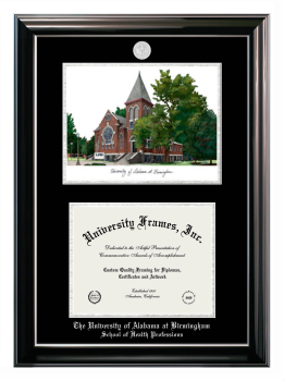 University of Alabama at Birmingham School of Health Professions Double Opening with Campus Image (Stacked) Frame in Classic Ebony with Silver Trim with Black & Silver Mats for document: 8 1/2"h x 11"w  