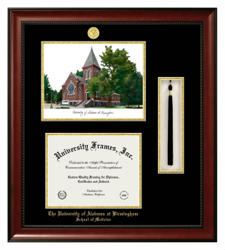 University of Alabama at Birmingham School of Medicine Double Opening with Campus Image & Tassel Box (Stacked) Frame in Avalon Mahogany with Black & Gold Mats for document: 8 1/2"h x 11"w  